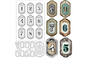 BEUNITONE 2pcs Label Stamps and Dies Vintage Number Clear Stamps Tag Cutting Dies Letter Alphabet Silicone Stamps Retro Label Frame Die Cuts for Card Making DIY Scrapbooking Photo Album Paper Craft