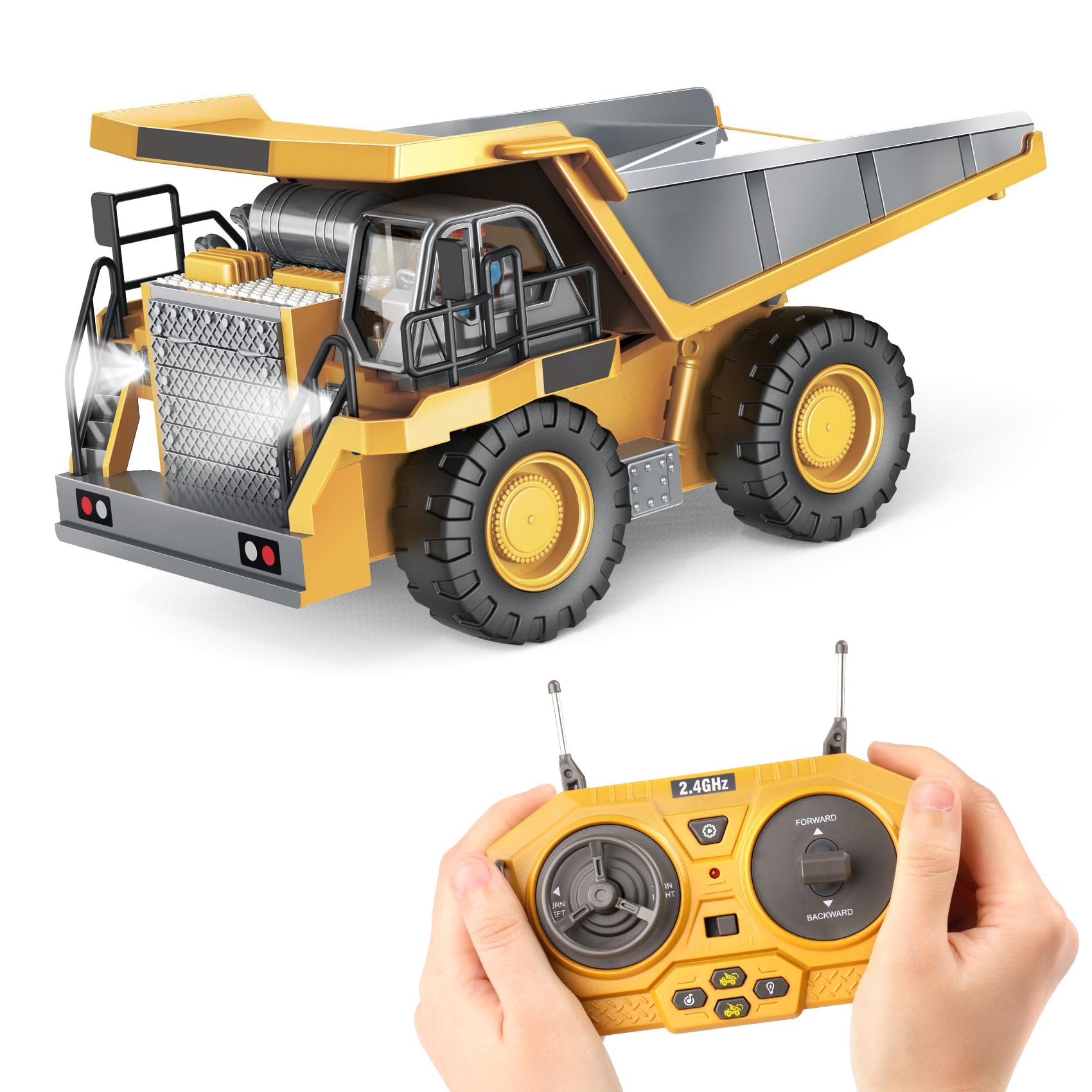 PREPOP Kids' RC Dump Truck Toy - Remote Control Construction Truck with Metal Bed, Lights & Sounds, for Boys Ages 6-10 Years and Up