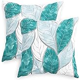 CaliTime Throw Pillow Covers Decorative 18 X 18 Inches Pack of 2 Cozy Fleece Watercolor Vibrant Leaves Cushion Cases for Couch Bed Sofa Farmhouse Decoration Teal Blue