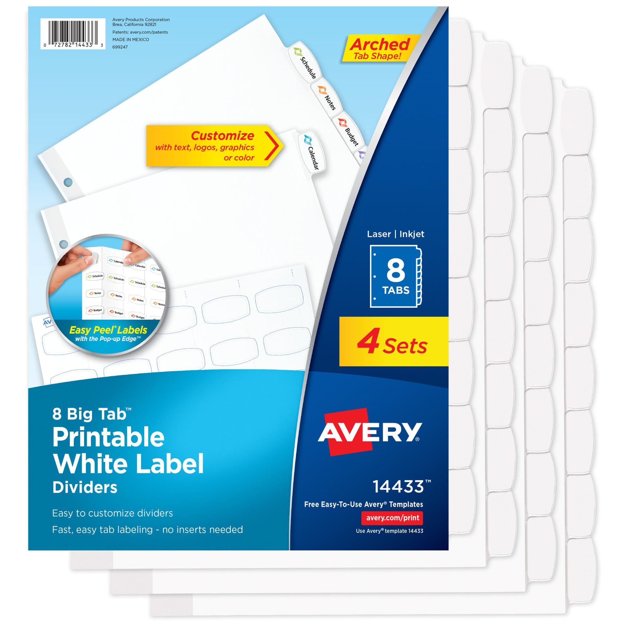 Avery Big Tab Printable White Label Dividers with Easy Peel, 8 Tabs, 4 Sets (14433)