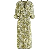 CHICWISH Women Summer Elegant Floral Print Faux Wrap Dresses 3/4 Batwing Sleeve V Neck High Waist Split Midi Dress