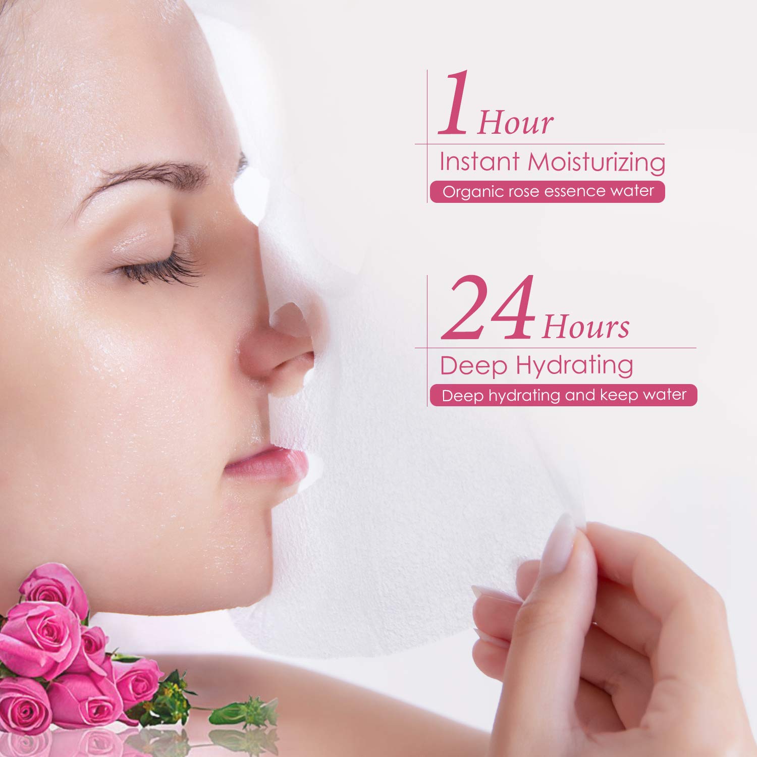 SYMBOM Rose Water Face Mask Sheet, Instant Hydrating and Brightening, Deep Moisturizing Anti-Aging Facial Mask with Hyaluronic Acid, Pure Natural Bulgarian Rose Water, Vitamin C
