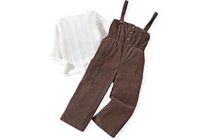 HINTINA Toddler Girl Cloth Long Sleeve Tee Corduroy Button Down Pinafore Overall Jumpsuit 2 Pieces Outfits