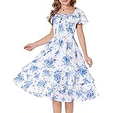 GRACE KARIN Girls Floral Summer Dress Flutter Sleeve Square Neck Midi Casual Dress for Girl 6-14Y