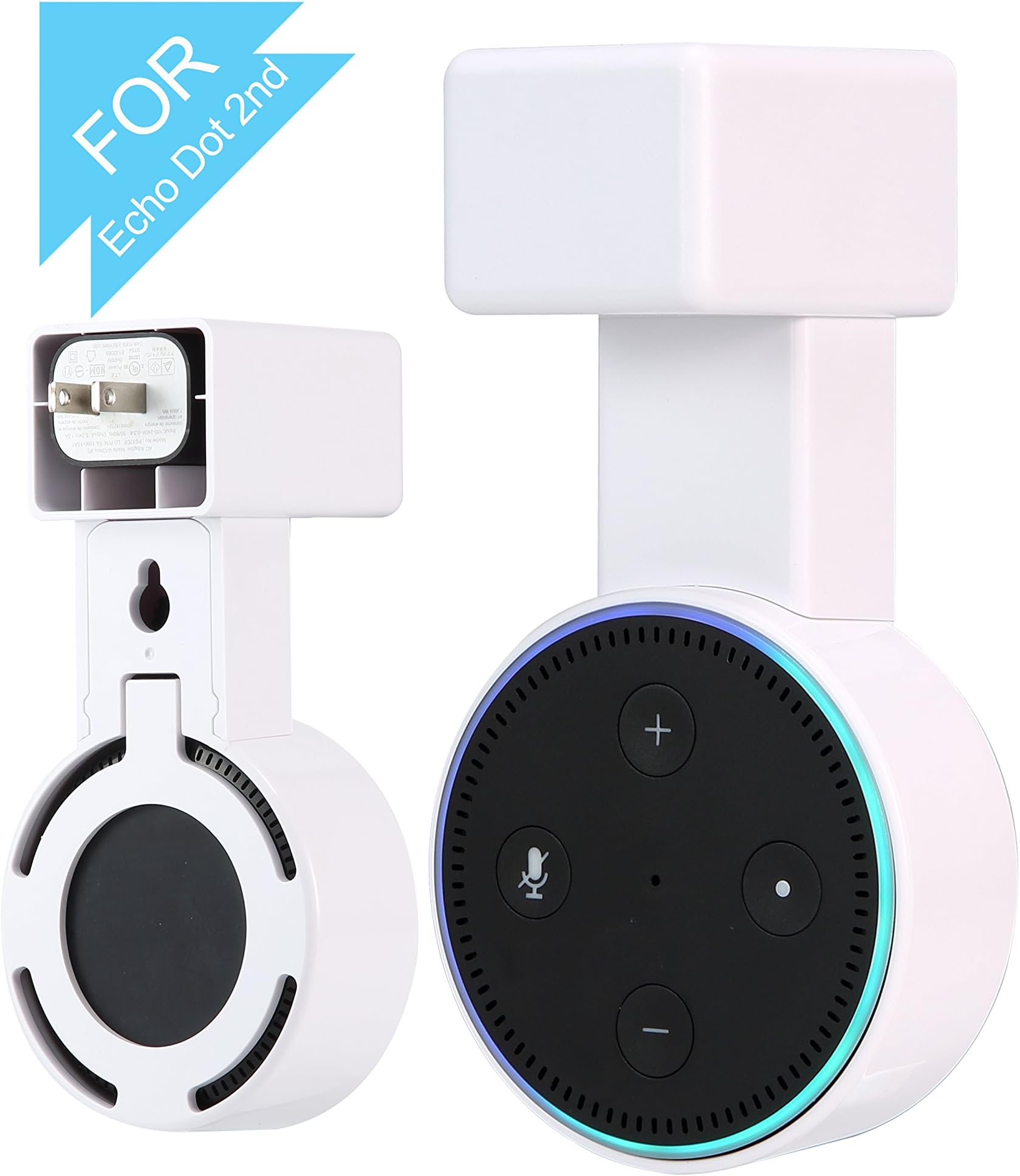 SUKIRA Outlet Wall Mount Hanger Stand Bracket Amazon Echo Dot 2nd Without Mess Wires Screws, Dot Accessories, Compact Holder Case Plug in Kitchens, Bathroom Bedroom (White) 1 Pack