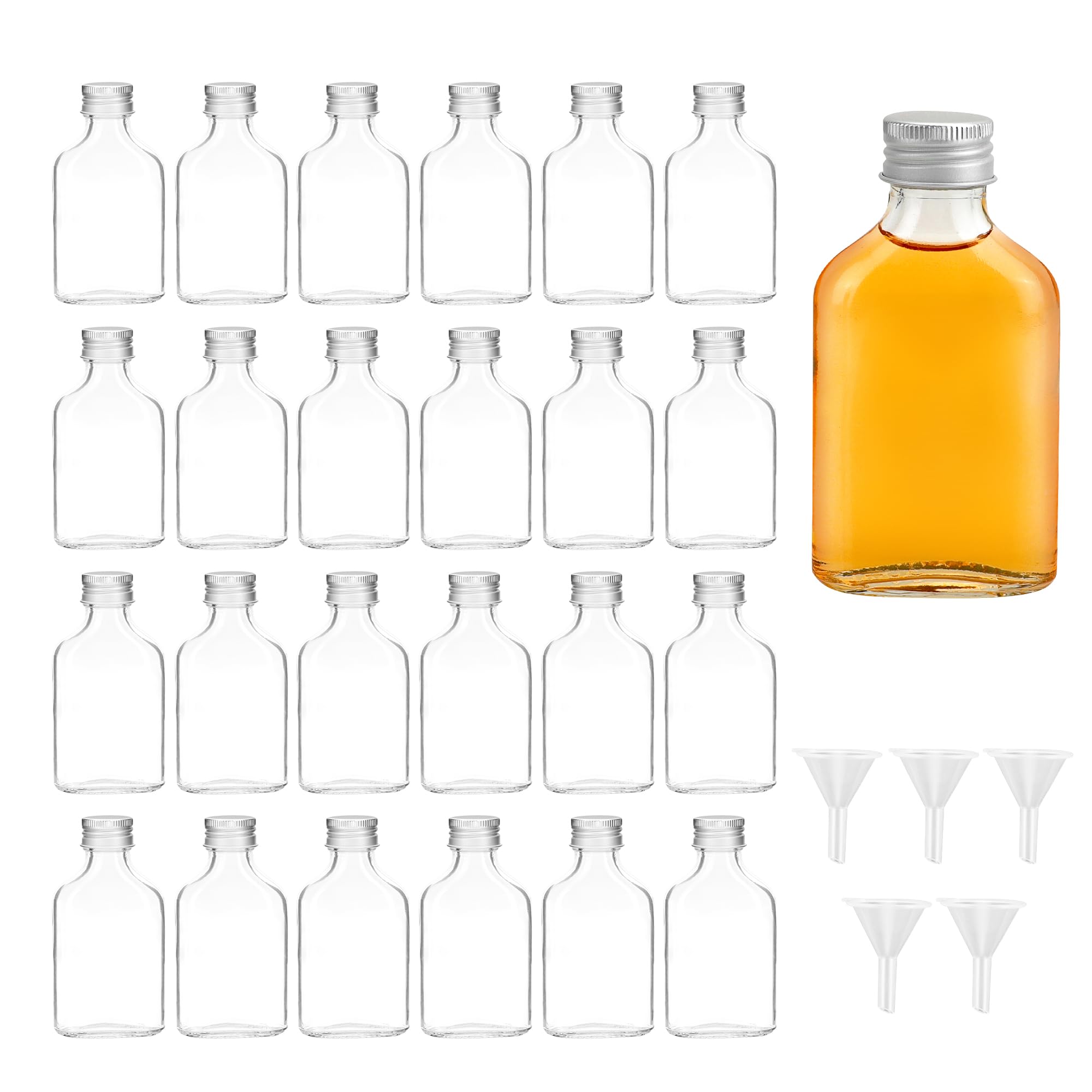 YKUKIZEE 24 Pack Glass Pocket Flask Bottles, 50 ml Flat Miniature Alcohol Bottles, 1.7 oz Empty Glass Flask Liquor Bottle with Silver Caps and Funnel for Brewing Whisky Vodka Wedding Favours