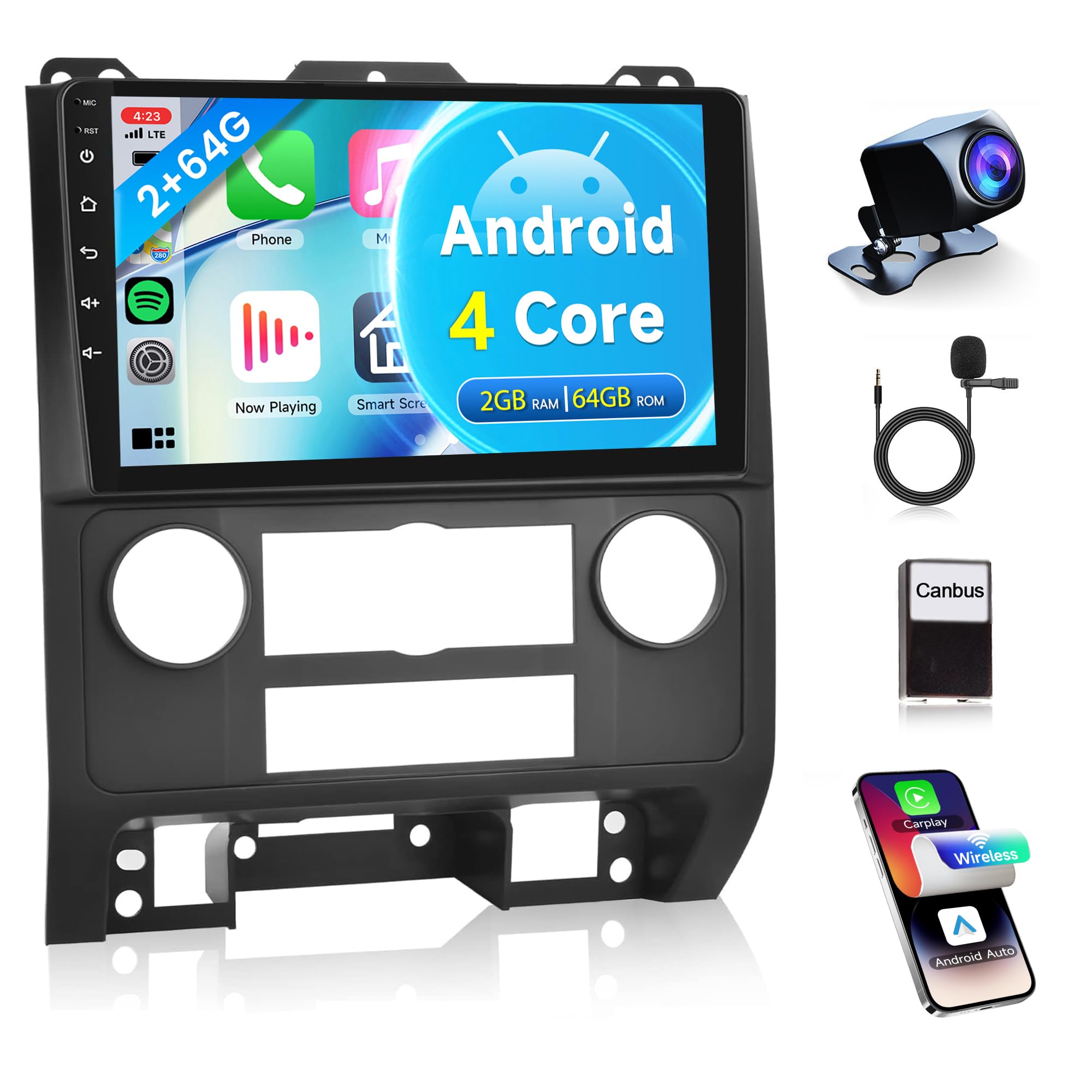 Photo 1 of 4Core 2G+64G Car Radio for Ford Escape 2007-2012/Mazda Tribute 2007-2012, Rimoody Android Car Stereo Carplay Android auto 9 Inch Touch Screen GPS Navigation WiFi Bluetooth FM + Backup Camera