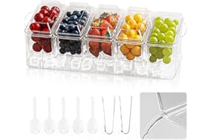 MIKESIER Ice Chilled Condiment Caddy, Condiment Tray Server with 5 Containers Lids, Fruit & Garnish Tray for Party Supplies & Bar Accessories, Set of 5 Serving Spoons & 2 Tongs Included