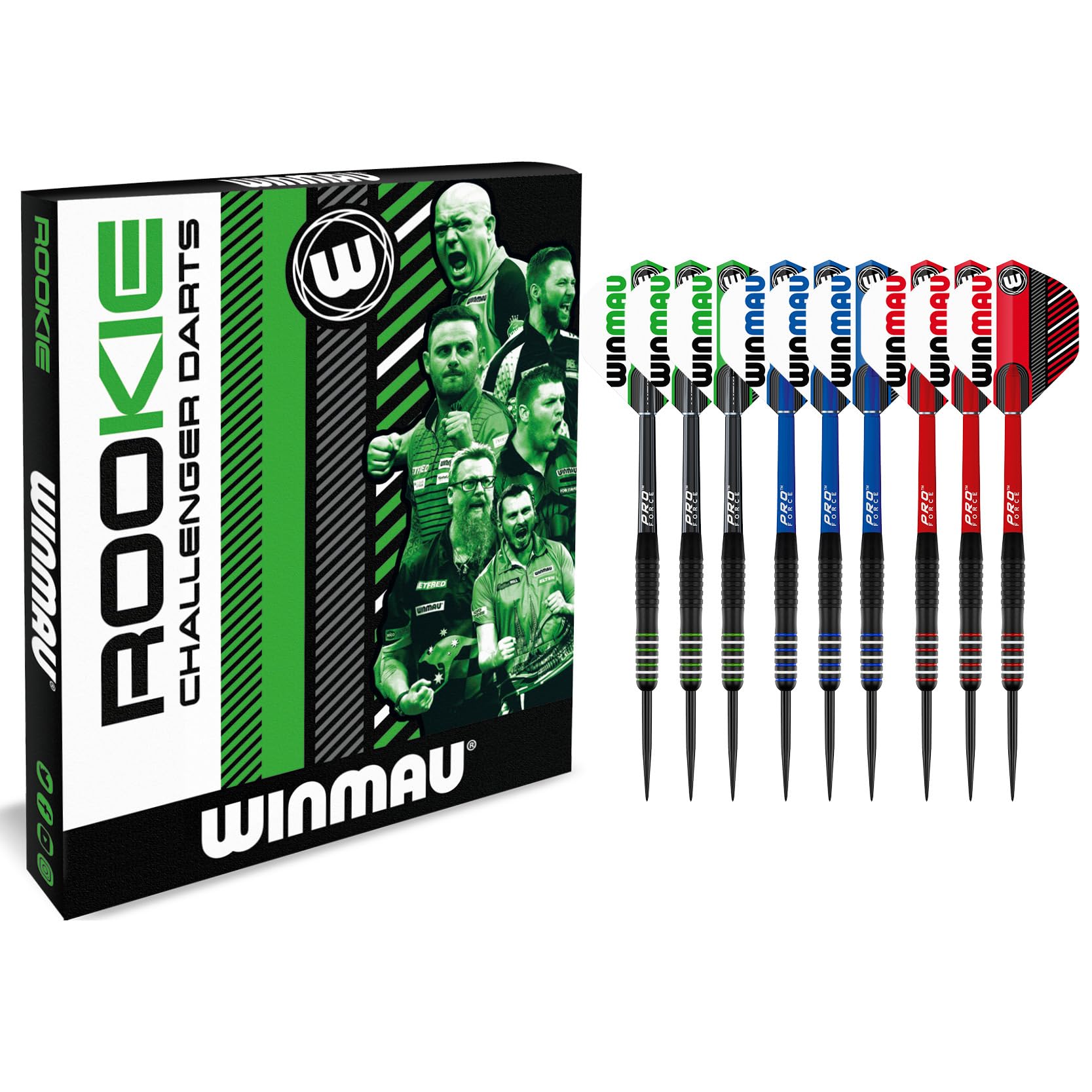 WINMAU Rookie Steeltip Brass Darts Set | Single or Multi Sets | Includes Flights and Shafts (Stems) | Exclusive Darts Booklet | Blue, Red and Green |