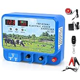 15.5J Electric Fence Charger, 15.5 Joules 600 Acres, Input 12V Output 12KV | AC DC 2 in 1 Powered Supply , with Display Remote and Alarm, Keep Out Predators, Contain Cattle Cow and Livestock