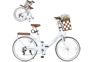 SAHISTCT 24/26 Inch Folding Beach Cruiser Bike for Women,7 Speed Hybird Commute Bicycles,Womens Bicycle with Basket for Adults, Dual V-Brake and Adjustable Seat