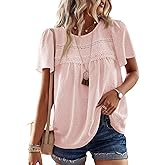 Falechay Womens Summer Tops Crewneck Short Sleeve Shirts Casual Chiffon Blouses Flowy Lace Hem Boho Clothing Trendy 2026