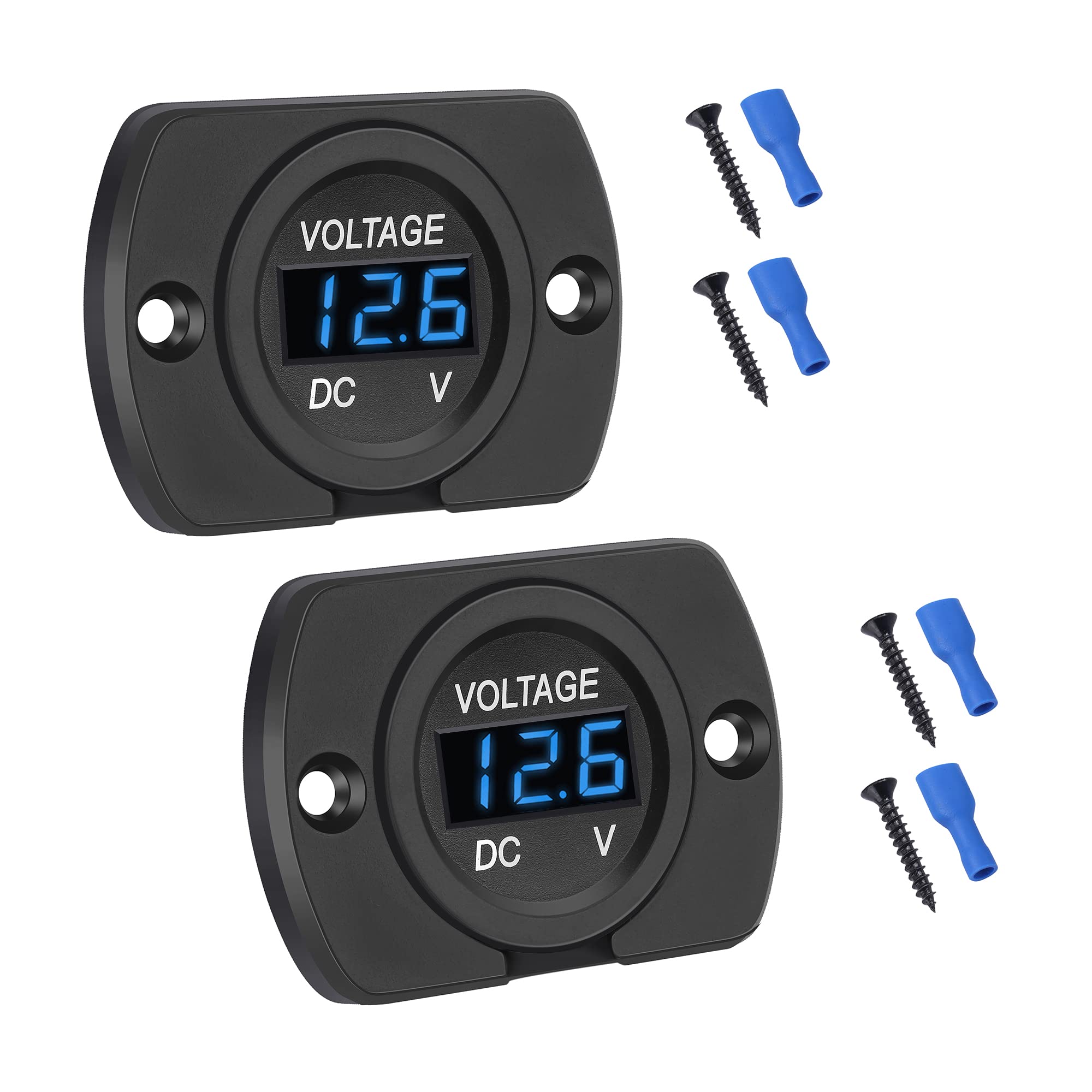CrocSee 2 Pack DC 12V 24V Waterproof Car Voltmeter LED Digital Display Panel, Round Voltage Gauge with Terminals for Car/Motorcycle/Travel Trailer/Truck/Boat/ATV/UTV (Blue LED Display)