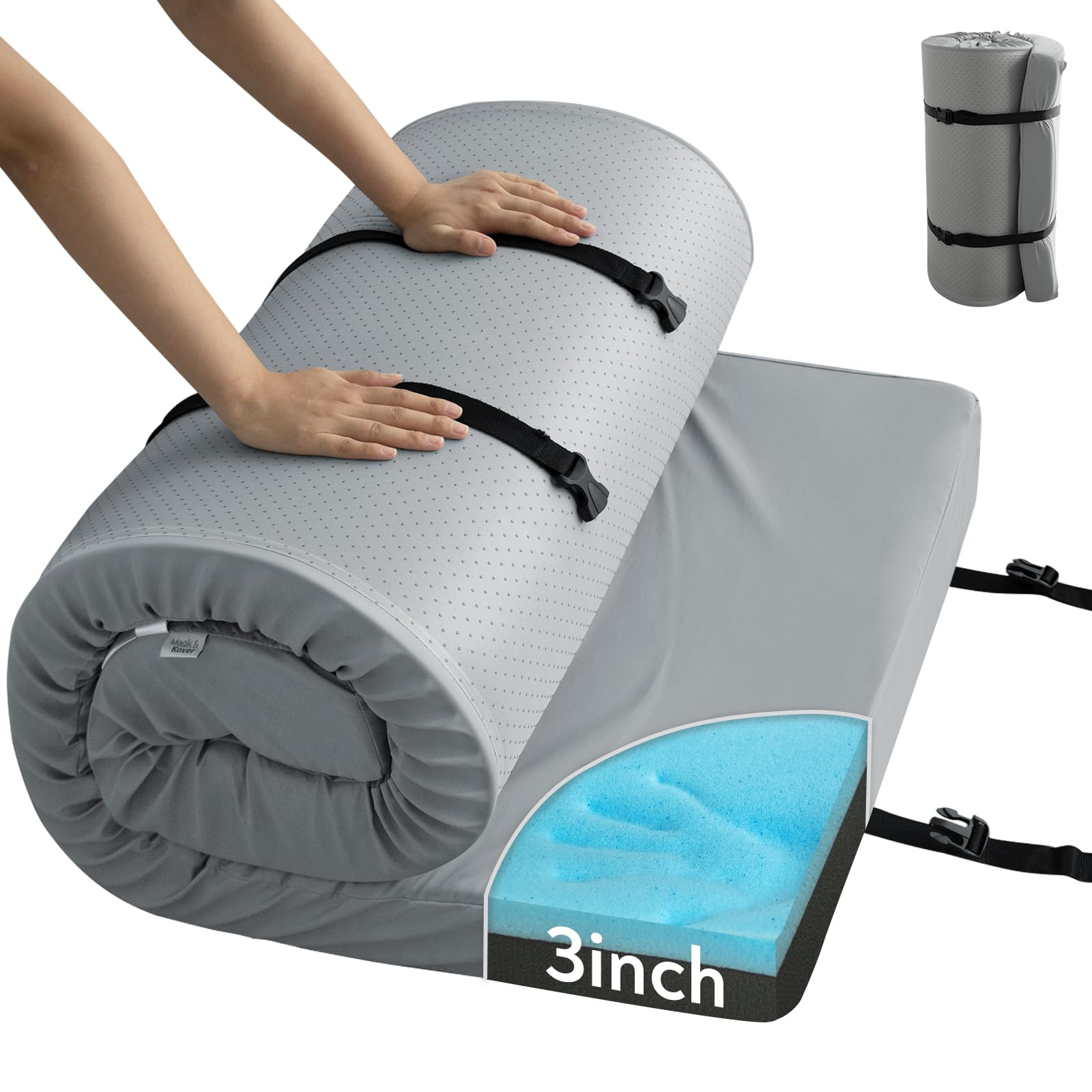 Photo 1 of Memory Foam Camping Cot Mattress Pad, 3 Inch Thick Sleeping Pad with Waterproof Cover, Portable Roll up Cot Mattress Pad Mat for Travel Truck Bed Tent, Non-Slip Bottom, 72"×24"×3", Gray