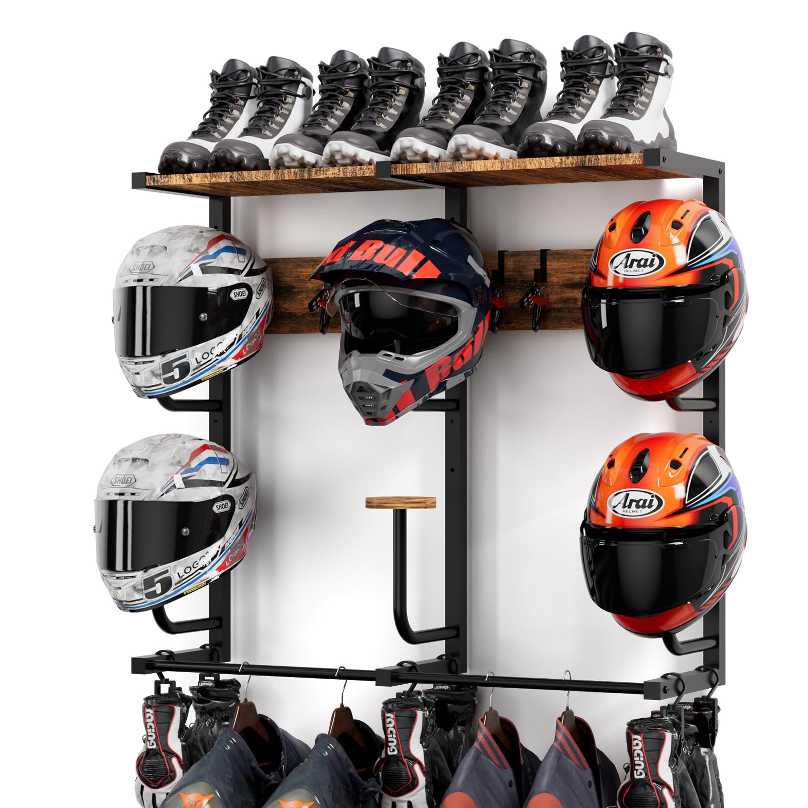Photo 1 of Motorcycle Helmet Rack with 6 J-hooks& 6 Clip Hooks – Wall Mounted Helmet Holder Stand for 6 Helmets, Riding Suits & Accessories, Sturdy Construction Storage Organizer for Entryway or Garage
