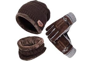 LONGTEN Beanie Hat Scarf Gloves Set 3 in 1 Winter Knitted Hat Neck Warmers Touch Screen Gloves for Men Women