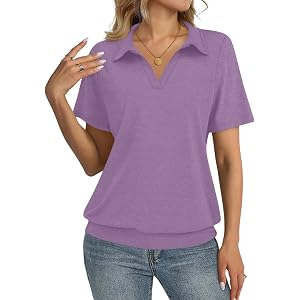 Womens Polo Shirts Short Sleeve Banded Bottom Tops Solid Business Casual Tops Collared V Neck Dressy Blouses