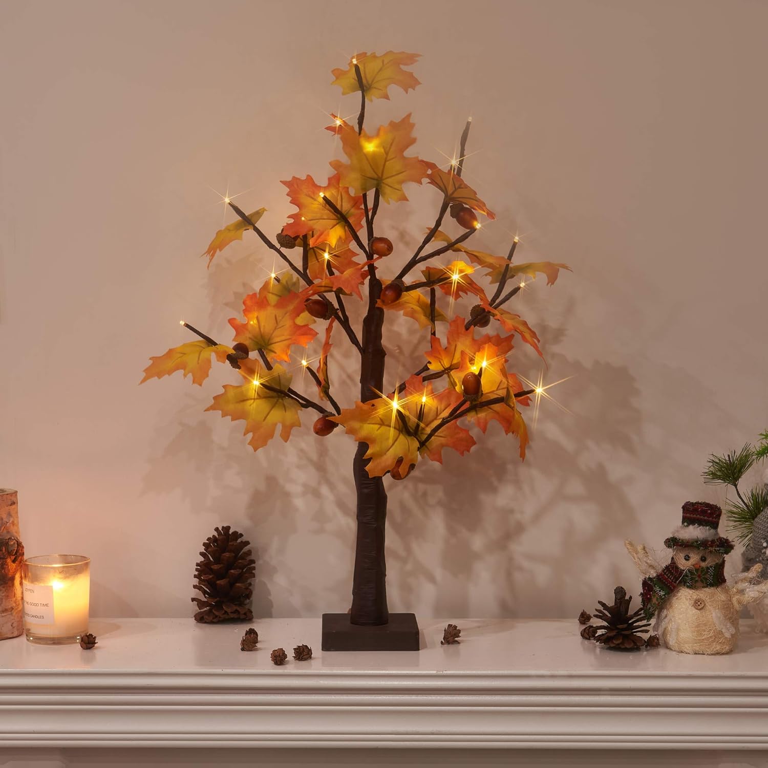 Vanthylit 2FT Prelit Lighted Maple Tree with 24 LED Warm White Table Lights Thanksgiving Maple Leaves Autumn Tree Decoration