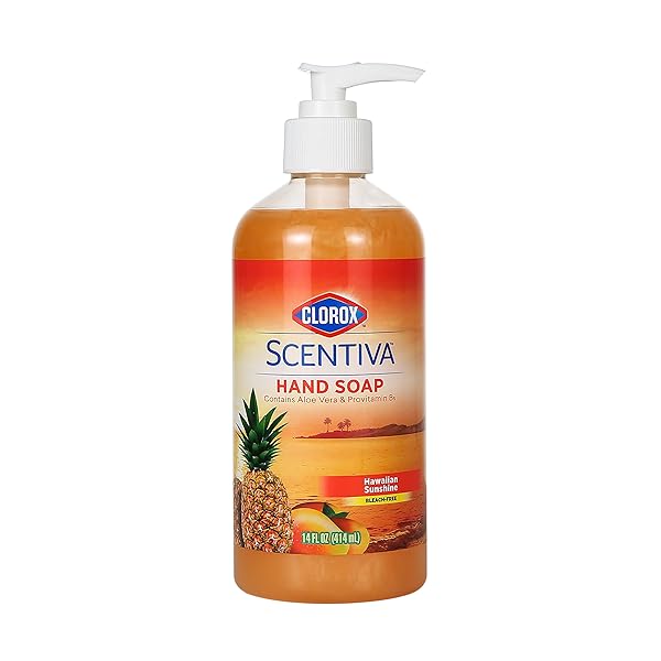 CLOROX SCENTIVA LIQUID HAND SOAP 14 OZ LIQUID HAND WASH WITH ALOE VERA & PROVITAMIN B5 BLEACHFREE SCENTED HAND SOAP FOR KITCHEN OR BATHROOM, HAWAIIAN SUNSHINE SCENT (PACK OF 1)