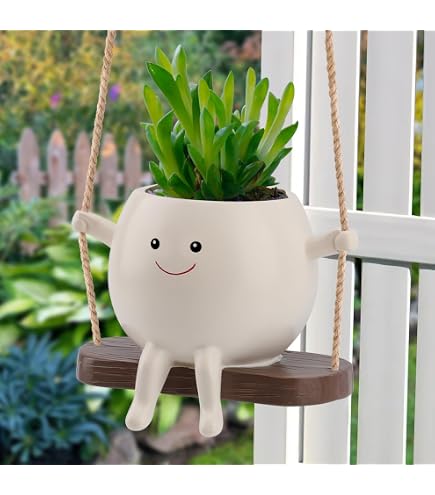 Zocipro Swing Face Planter – Glimlachend Gezicht, Hangende Plantenpot Van Hars, 13,4 X 8,5 Cm, Voor Vetplanten, Binnen En Buiten, Met Stevig Touw