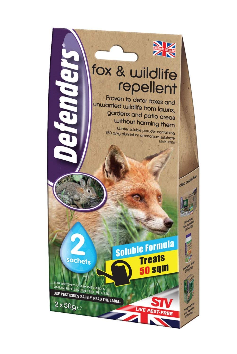 2 X Defenders Fox and Wildlife Repellent (Humane Fox, Rabbit and Bird Deterrent, Treats up to 50 sq m, Use on Lawns, Gardens, Flowerbeds and Patio Areas) - 2 x 50 g Sachets