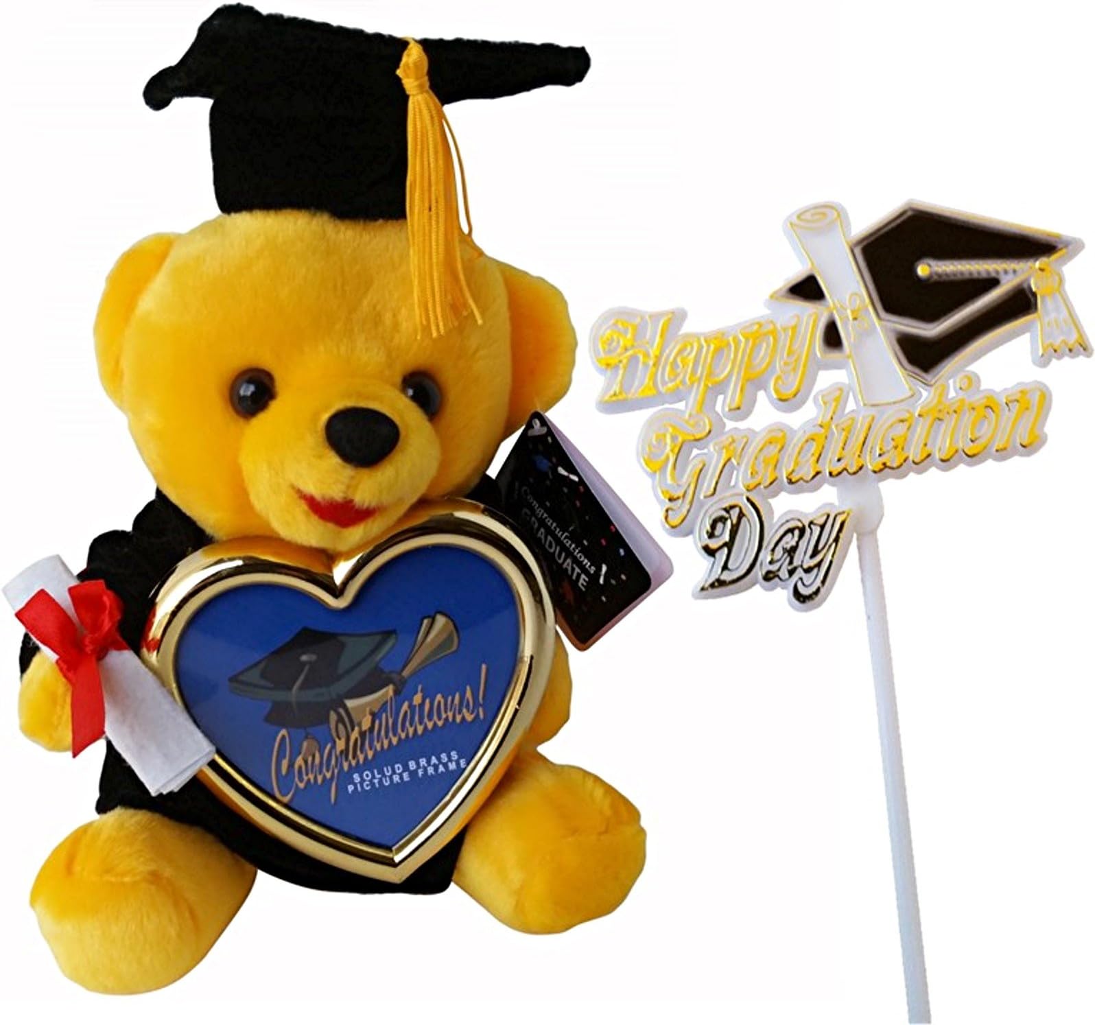 Best Graduation 2017 Plush Animal Teddy Bear with Black Cap, Gown & Diploma Holding a Gold Heart Picture Frame (Copper Color 7"x8"x6") & Graduation Pick