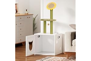 Dystler Cat Tree with Litter Box Enclosure - 2-in-1 Modern Cat Tower with Litter Box Furniture Hidden Enclosure for Indoor Cats, Cat Condo with Flower Scratching Post, White