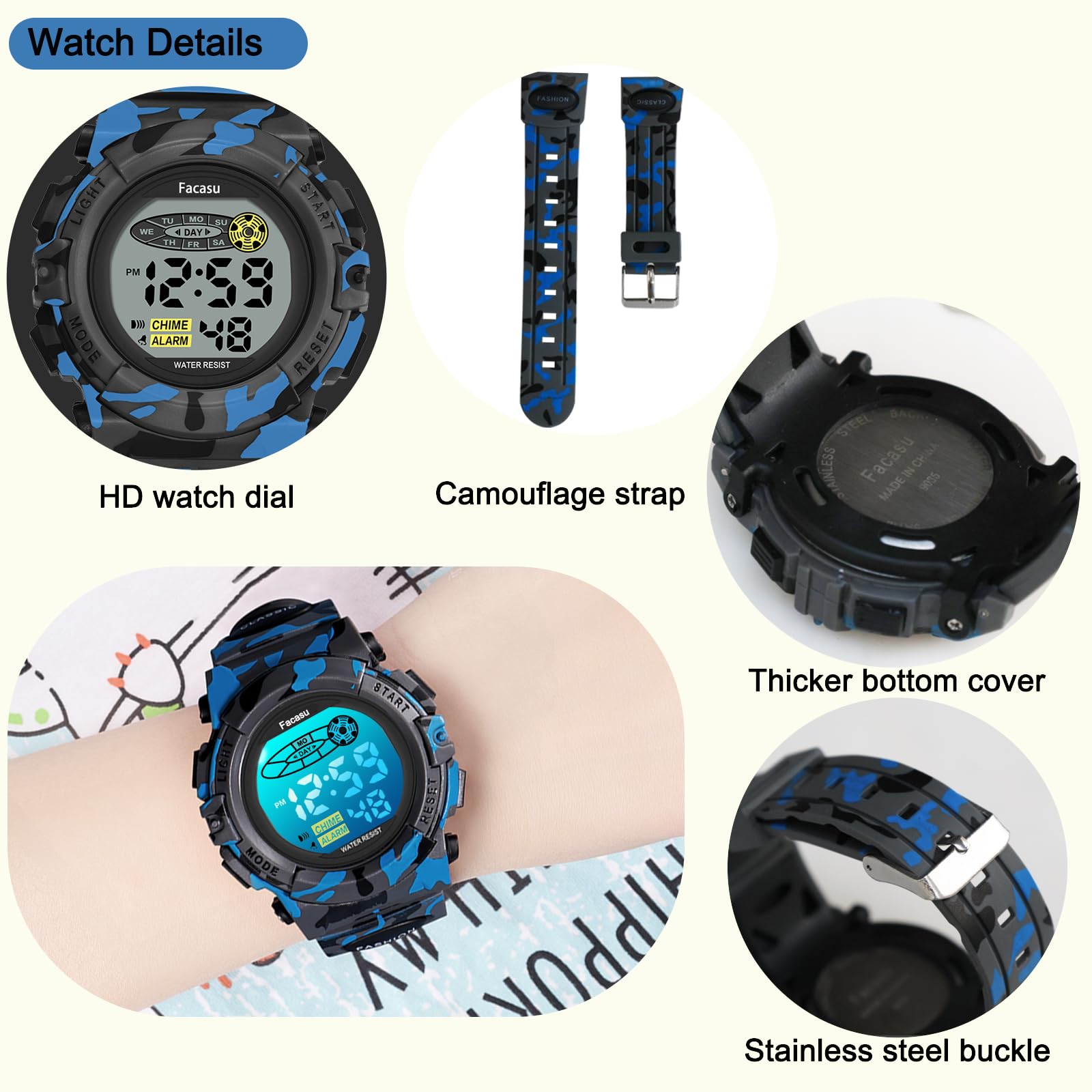 Facasu Camo Sports Watch for Boys-Waterproof Kids Digital Watch with Light, Alarm&Snooze,Stopwatch Military Design Silicone Band Gift for Birthdays,Christmas Outdoor Activities(8+ Years)