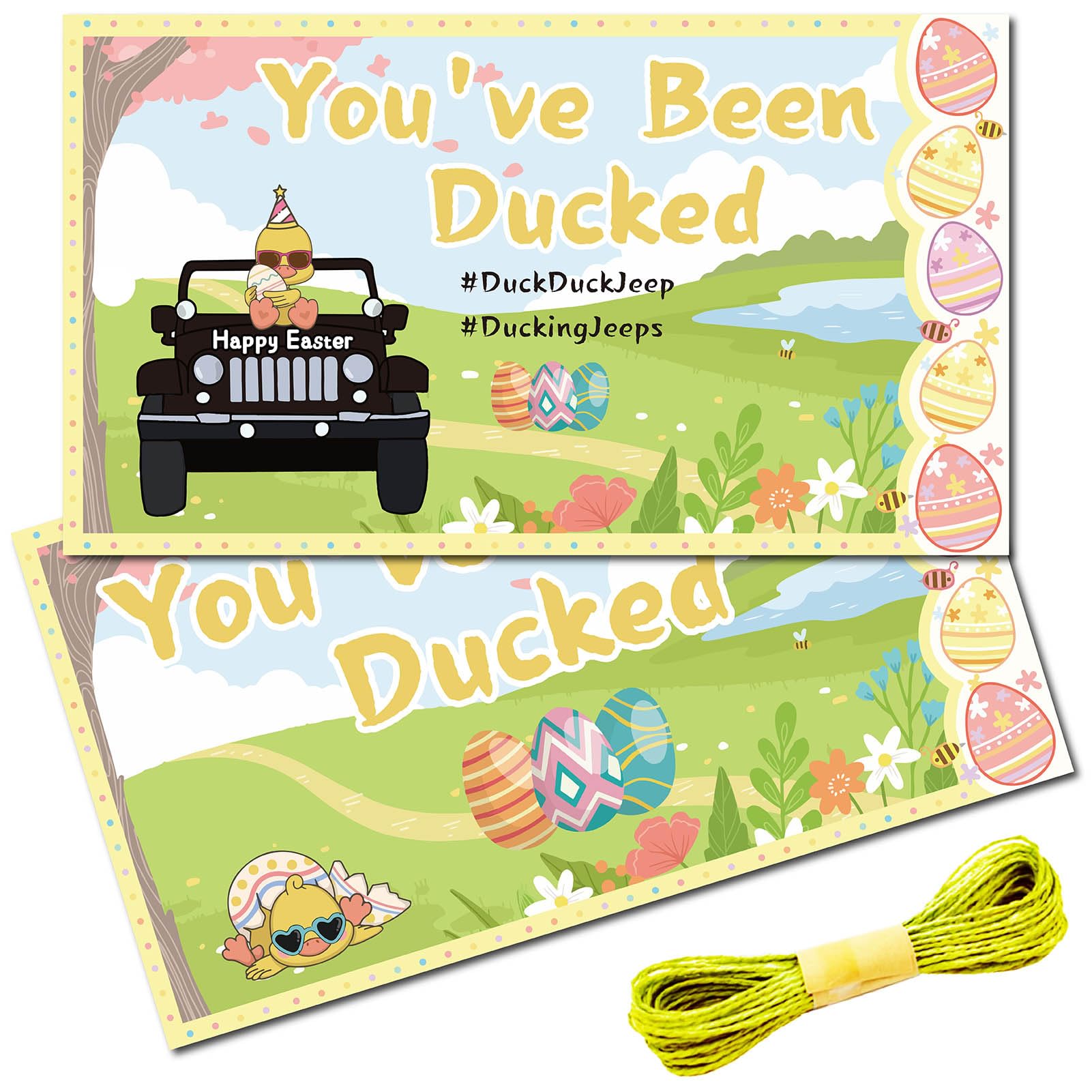 CREATCABIN 50Pcs Easter You've Been Ducked Cards Duck Tags Card Duck Egg Grass Rectangle Duck Tags Ducking DIY Duck Card with Hole and Twine for Rubber Duck Car Decor Gift 3.5x2Inch