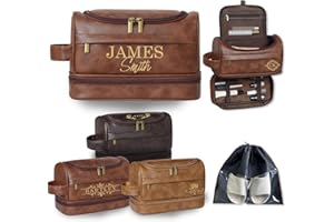 Personalized Leather Toiletry Bag for Men with Hook, Groomsmen Gifts Travel Bag Laser Engraved Name Monogram PU Leather Gift 