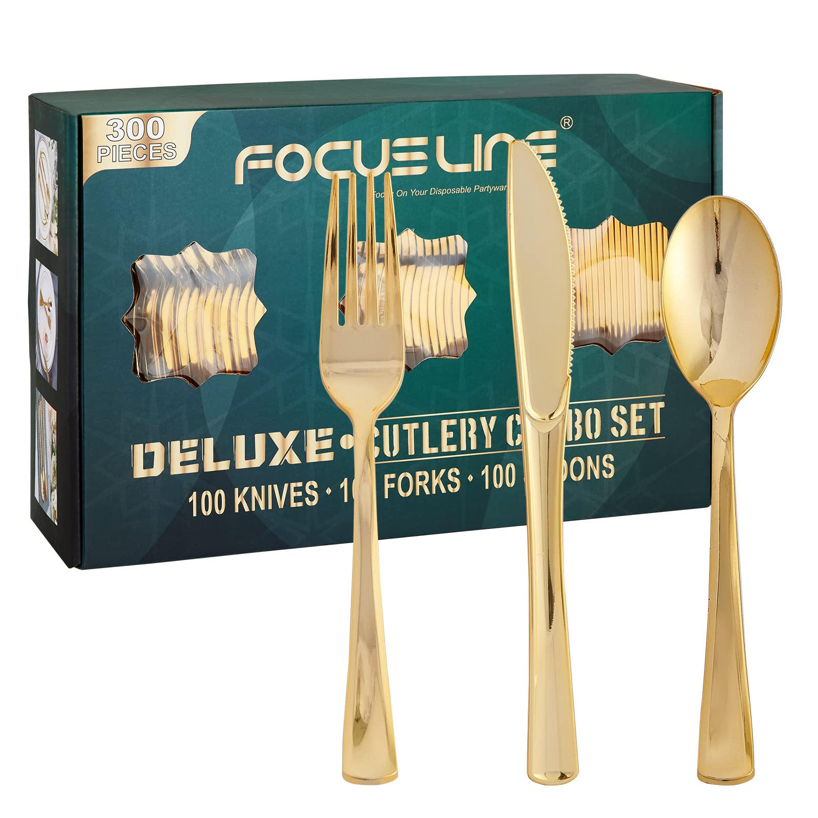 Photo 1 of FOCUSLINE 300 Count Gold Plastic Silverware Set - 100 Forks, 100 Knives, 100 Spoons - Heavy Duty Plastic Cutlery Set Disposable Flatware for Catering, Parties, Dinners, Weddings