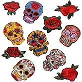 Skull Rose Patches Sugar Skull Embroidery Flowers Sew On Appliques Ghost Head Cloth Chest Sticker with Day of The Dead Badges Logo for Free DIY Decoration Coat, Jackets, Jeans(11 PCS)