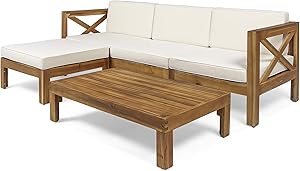 Christopher Knight Home 308260 Mamie Outdoor Acacia Wood 5 Piece Sofa Set, Teak Finish, Beige