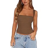 Womens Square Neck Tank Top Mesh Side Ruched Double Lined Y2k Trendy Going Out Tops Summer Basics Clothes
