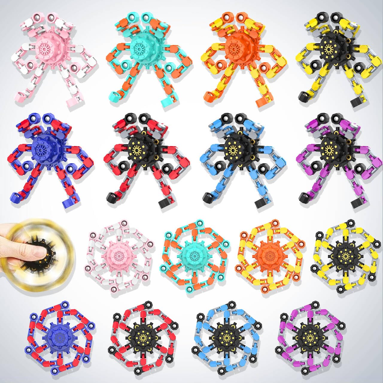 Transformable Fidget Spinners,Kids Easter Basket Stuffers Funny Stress Relief Sensory Fidget Toys,Deformable Chain DIY Robot Fingertip Gyros Toys Party Favors Easter Basket for Kids and Adults (16PC)