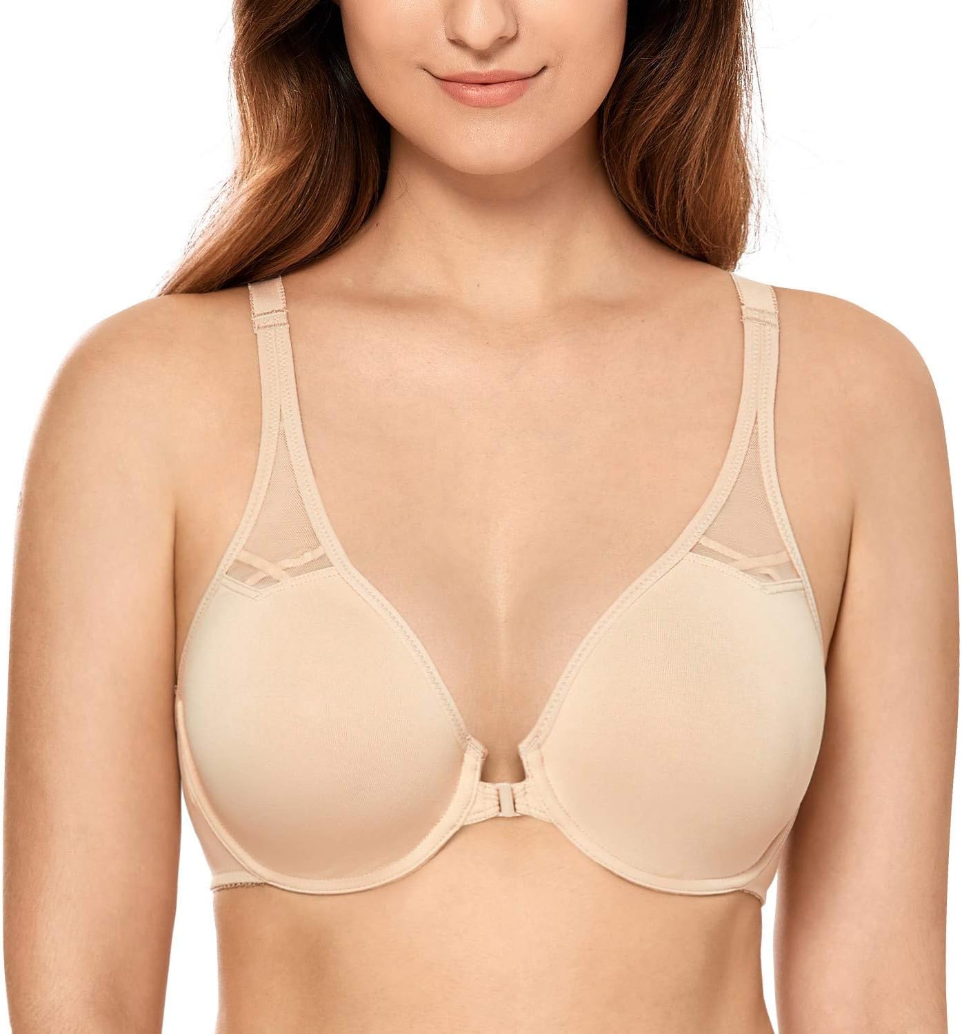 CALVENA Women's Full Figure Non Padded Seamless Comfort Underwire Racerback Front Closure Bra