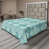 Ambesonne Teal Flat Sheet, Abstract Geometric Pattern in Vintage Floral Design Historic Architectural Ornament, Soft Comfortable Top Sheet Decorative Bedding 1 Piece, Queen Size, Beige Teal