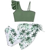 Girls Swimsuits Hawaiian Teen Bathing Suits 3 Piece Tropical Floral Ruffle Strap Bikini Set with Cover Up Skirt 9-16T