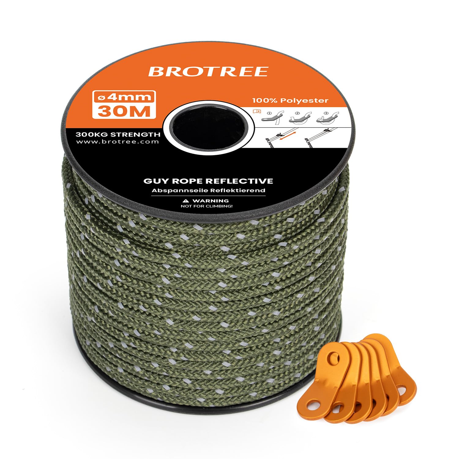 BROTREE Tent Guy Rope 4mm 30m Reflective Guy Line Heavy Duty Guide Rope with 6Pcs Aluminum Tensioners for Tent Gazebo Awning Camping (Army Green)