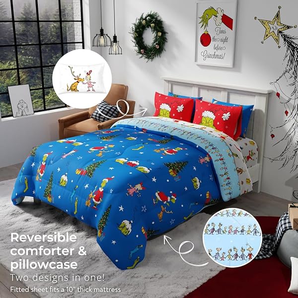 GRINCH BY DR. SEUSS HOLIDAY & CHRISTMAS BEDDING SUPER SOFT COMFORTER AND SHEET SET WITH SHAM, 7 PIECE QUEEN SIZE (OFFICIAL DR. SEUSS PRODUCT) BY FRANCO