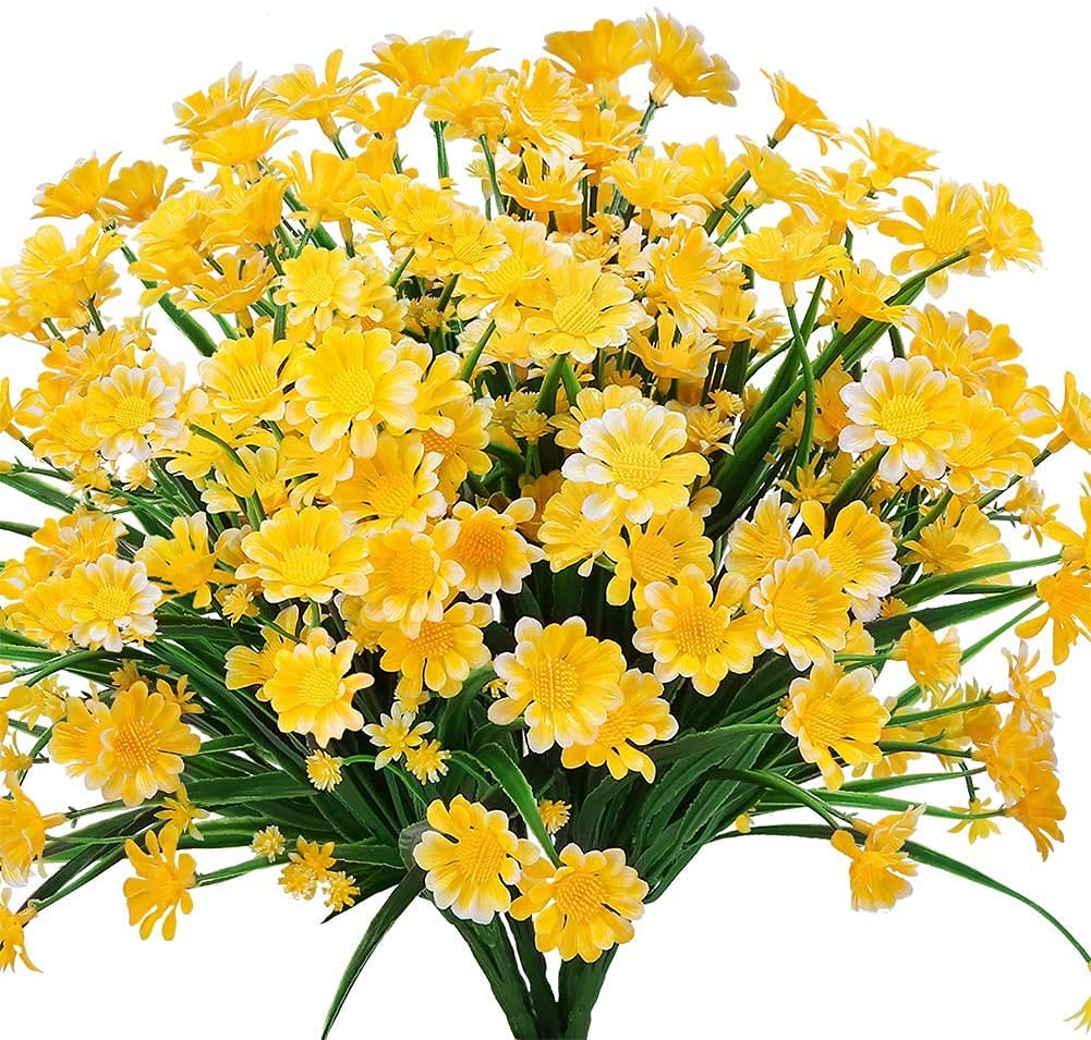 Ruiuzioong Artificial Daisy Flowers 4 Pack Outdoor Fake Flowers for Decoration No Fade Faux Plastic Flower Garden Porch Hanging Planter Farmhouse Window Box Décor (Yellow)