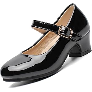 Youdesney Girls Dress Shoes Mary Jane Bow Low Heel Classic Cute Pumps | Glossy patent leather upper, adjustable metal buckle