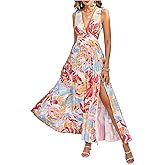 SOLY HUX Women's Boho Floral Maxi Dress Deep V Neck High Split Pleated Party Dresses Vacation Outfits