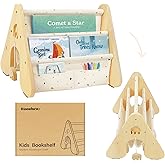 wooshwa Wooden Kids Bookshelf with Double Side, Montessori Book Shelf for Toddlers,4 Tier Sling Book Rack for Baby Nursery Room, Playroom, Classroom Bedroom (Terrazzo)