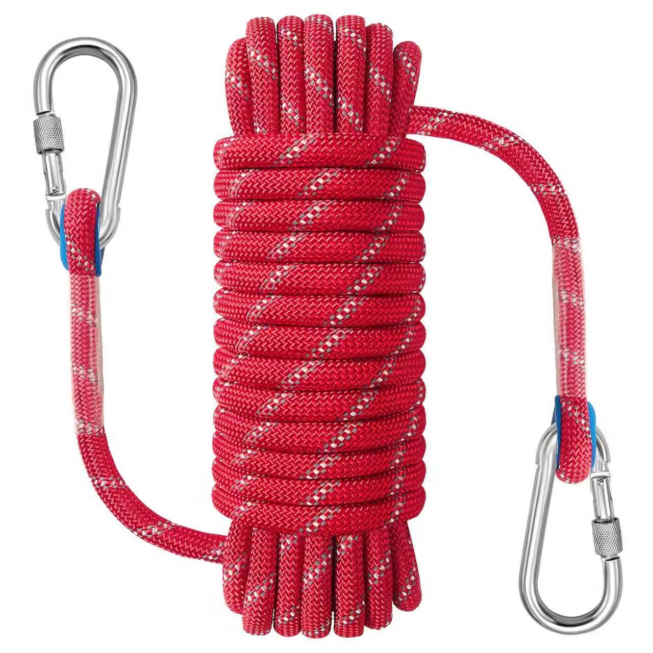 NorthPada 10mm x 20 Meters Static Nylon Heavy Duty Outdoor Climbing Rope for Knotting Practice, Arborist Tree Work, Marine Anchor Boat, Rappelling Emergency, Swing Red with Hook