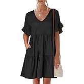 ANRABESS Dresses for Women Summer 2026 V Neck Ruffle Sleeve A Line Tiered Flowy Casual Trendy Mini Beach Dress with Pockets