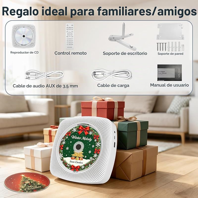 Leitor de CD Bluetooth portátil para casa e exterior, com colunas, bateria recarregável de 4000 mAh, rádio FM, USB, comando remoto, suporte de parede e suporte de mesa