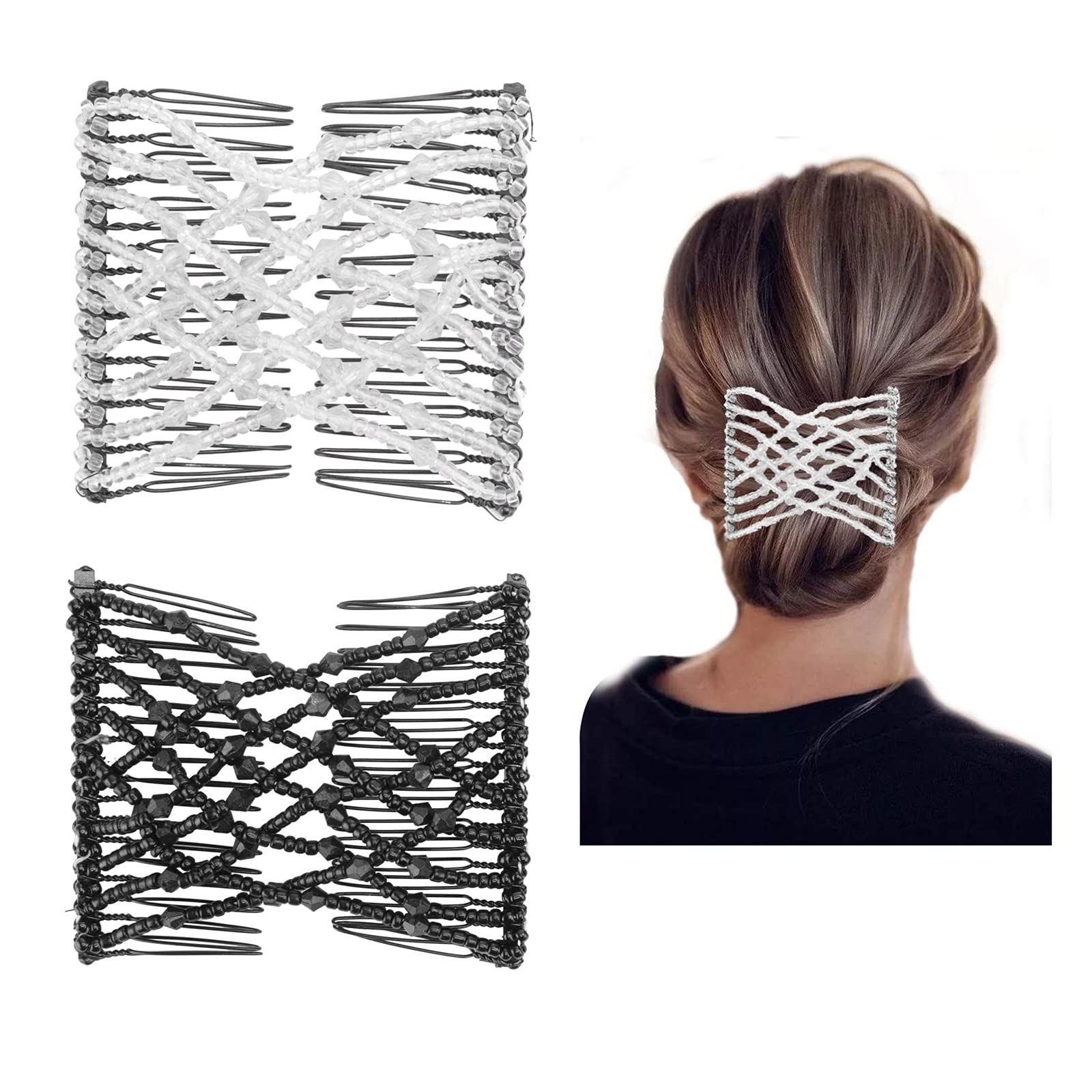 2 Pcs Magic Hair Combs, Vintage Stretch Beaded Elastic Pearls Hair Clips, Stretchy Bead Hairpins Double Slides for Women Ladies Girls DIY Hair Styling Accessories