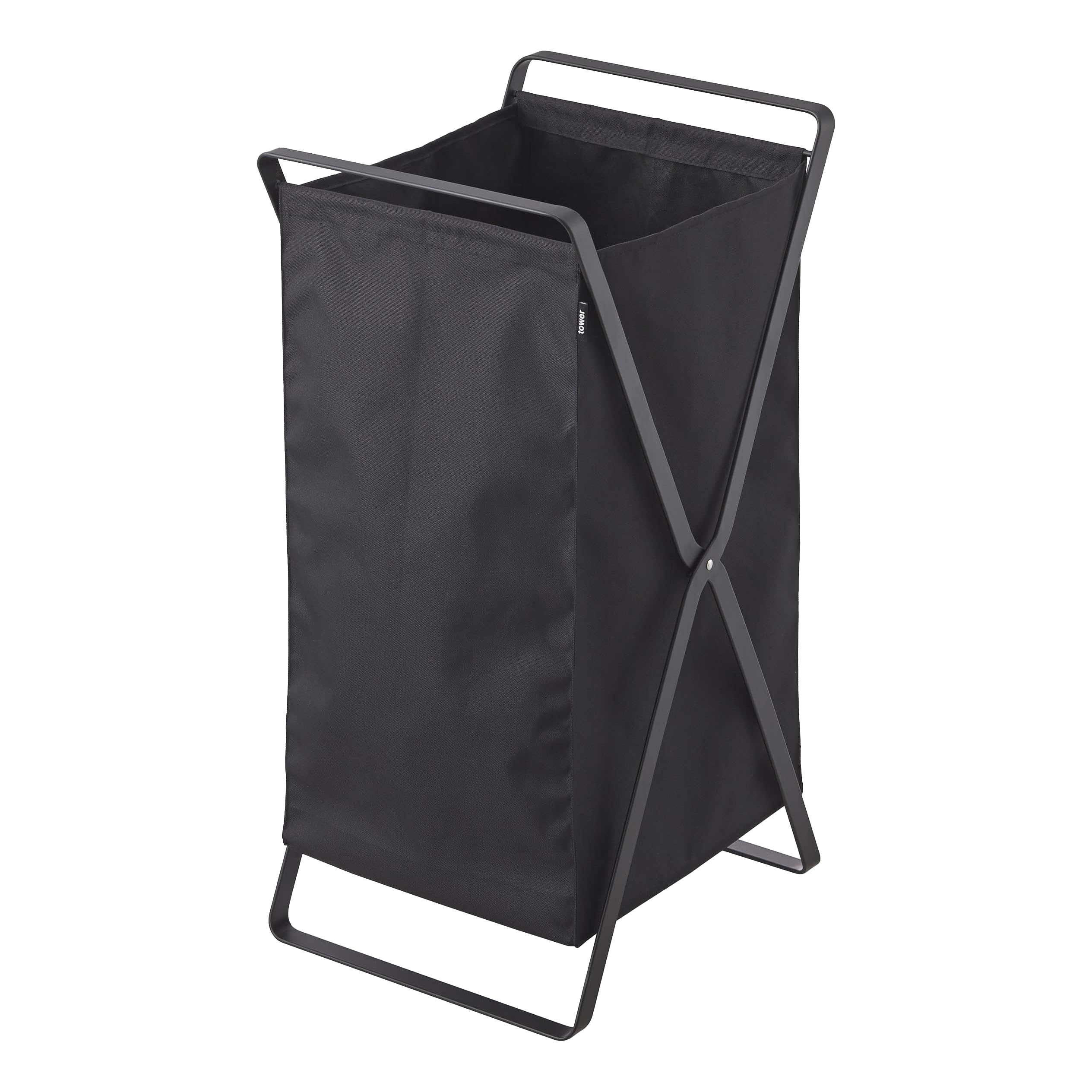 Yamazaki 2485 TOWER Laundry Basket, black, Steel/Polyester/Polypropylene, Minimalist, 30 x 36 x 64 cm