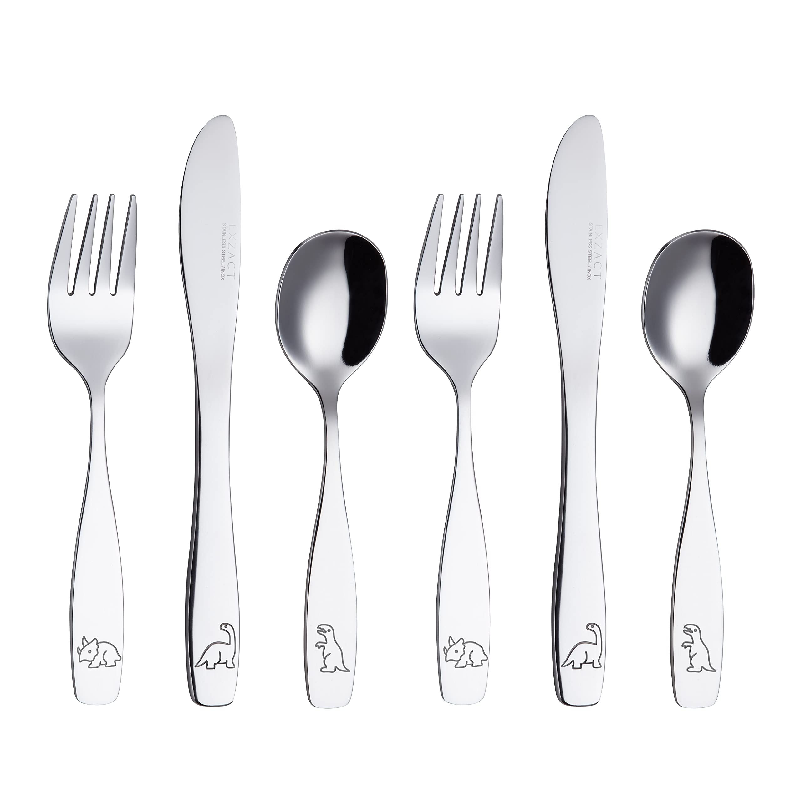 Exzact Children's Cutlery Stainless Steel 6pcs Set/Kids Cutlery/Toddler - Dishwasher Safe - 2 x Forks, 2 x Safe Dinner Knives, 2 x Table Spoons - Engraved Design - Dinosaurs